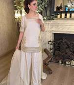 Cream chinon silk embroidery kurta palazzo set with organza dupatta