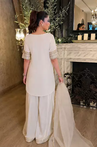 Cream chinon silk embroidery kurta palazzo set with organza dupatta