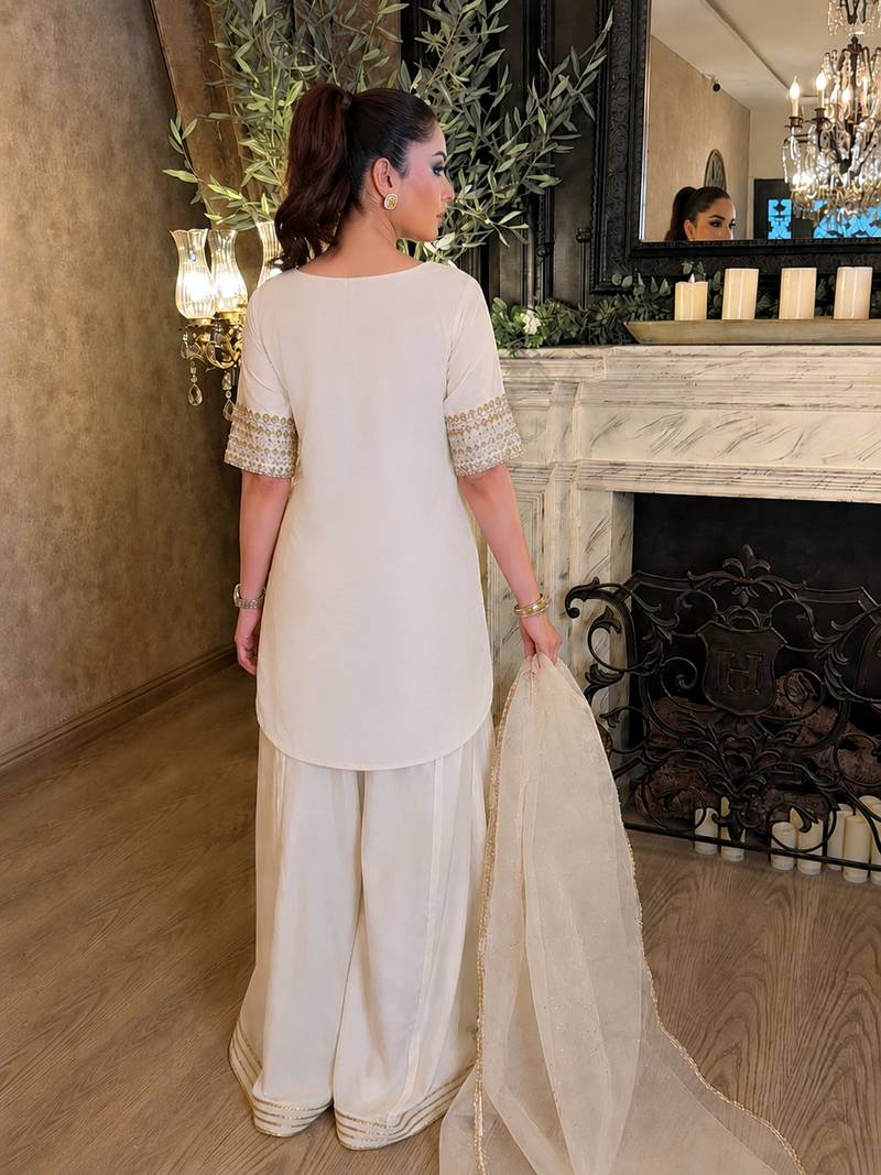 Cream chinon silk embroidery kurta palazzo set with organza dupatta