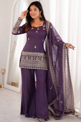 purple crunchy silk blend kurta plazo set - embroidered v-neck salwar suit set