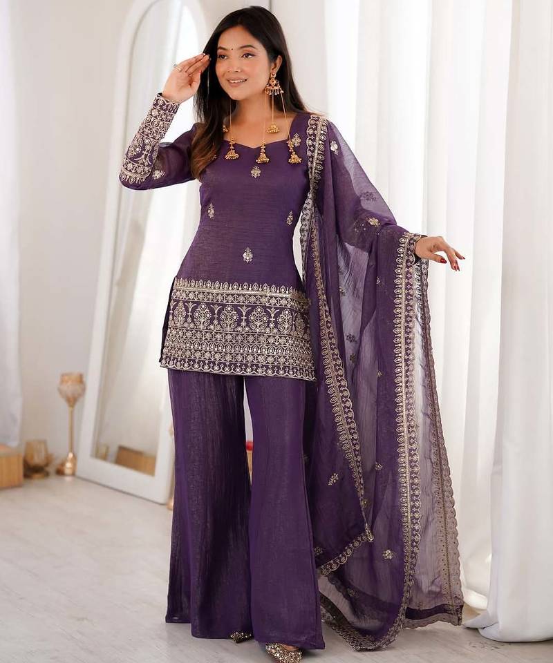 purple crunchy silk blend kurta plazo set - embroidered v-neck salwar suit set