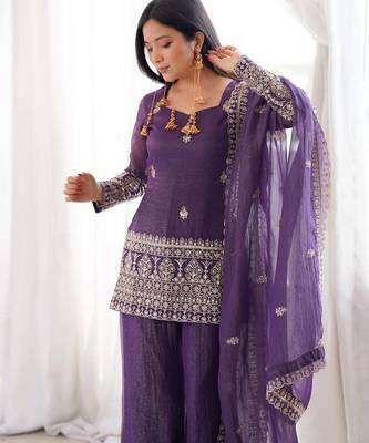 purple crunchy silk blend kurta plazo set - embroidered v-neck salwar suit set 3