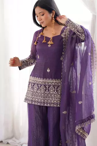 purple crunchy silk blend kurta plazo set - embroidered v-neck salwar suit set