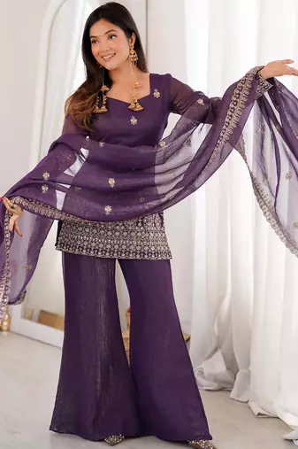 purple crunchy silk blend kurta plazo set - embroidered v-neck salwar suit set