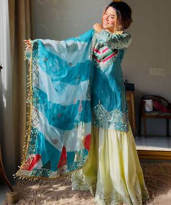Luxury olive green satin silk kurta ghaghra set - organza dupatta salwar suit 1