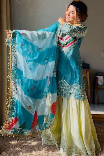 Luxury olive green satin silk kurta ghaghra set - organza dupatta salwar suit