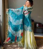 Luxury olive green satin silk kurta ghaghra set - organza dupatta salwar suit