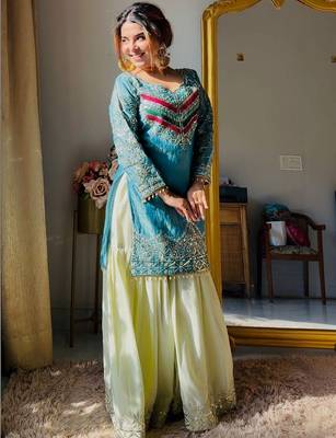 Luxury olive green satin silk kurta ghaghra set - organza dupatta salwar suit 2