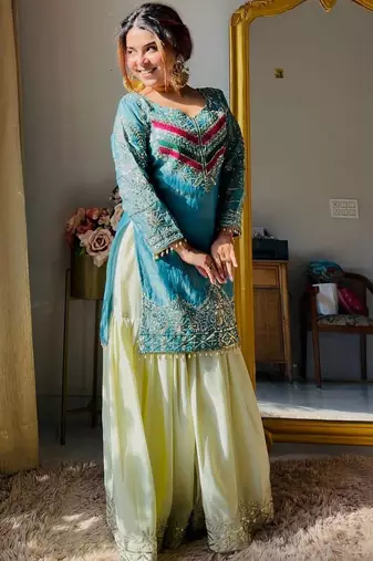 Luxury olive green satin silk kurta ghaghra set - organza dupatta salwar suit