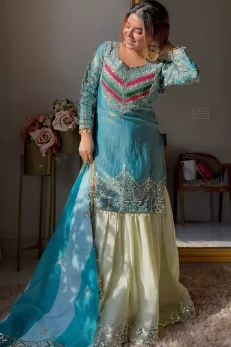 Luxury olive green satin silk kurta ghaghra set - organza dupatta salwar suit