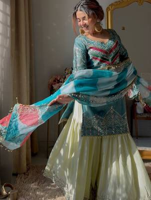 Luxury olive green satin silk kurta ghaghra set - organza dupatta salwar suit 4