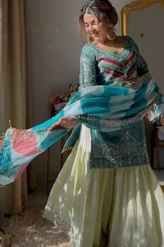 Luxury olive green satin silk kurta ghaghra set - organza dupatta salwar suit