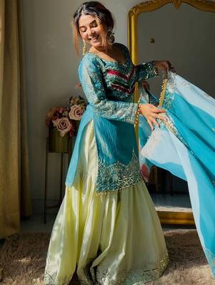 Luxury olive green satin silk kurta ghaghra set - organza dupatta salwar suit 5