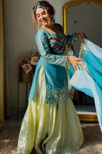 Luxury olive green satin silk kurta ghaghra set - organza dupatta salwar suit