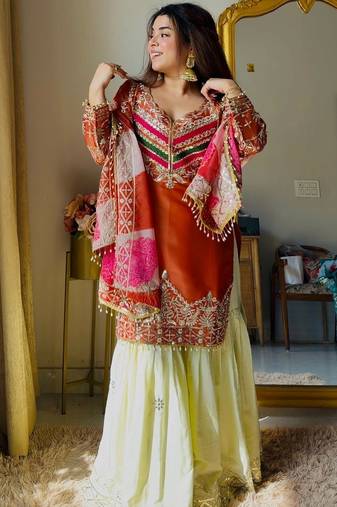 rust satin silk blend kurta ghaghra set - organza dupatta salwar suit