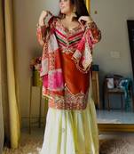 rust satin silk blend kurta ghaghra set - organza dupatta salwar suit