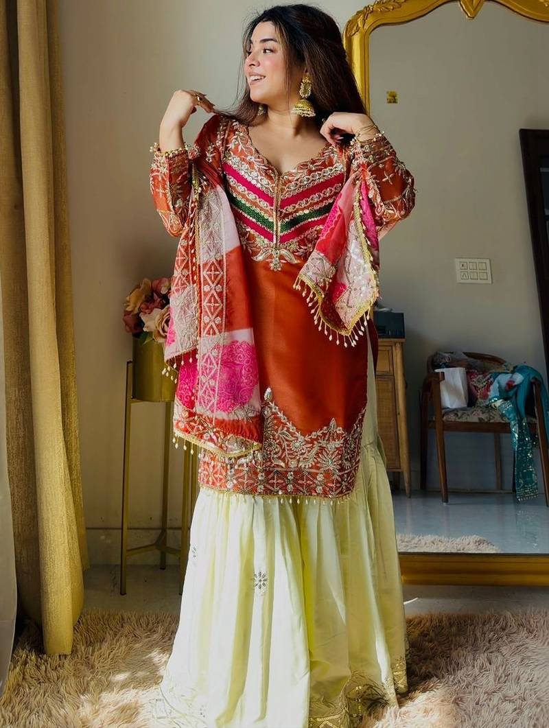 rust satin silk blend kurta ghaghra set - organza dupatta salwar suit