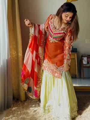 rust satin silk blend kurta ghaghra set - organza dupatta salwar suit 2