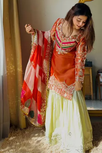 rust satin silk blend kurta ghaghra set - organza dupatta salwar suit