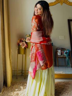 rust satin silk blend kurta ghaghra set - organza dupatta salwar suit 3