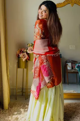rust satin silk blend kurta ghaghra set - organza dupatta salwar suit