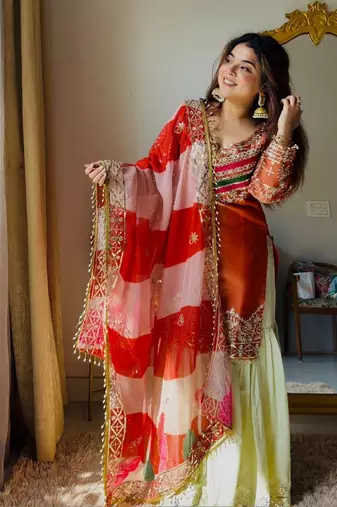 rust satin silk blend kurta ghaghra set - organza dupatta salwar suit