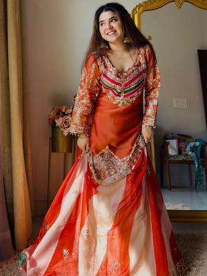 rust satin silk blend kurta ghaghra set - organza dupatta salwar suit 5
