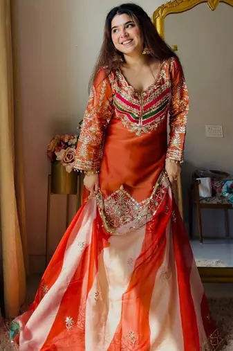 rust satin silk blend kurta ghaghra set - organza dupatta salwar suit