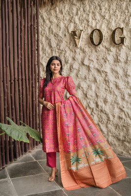 pink french crepe printed kurta pant set - silk blend dupatta salwar suit 1
