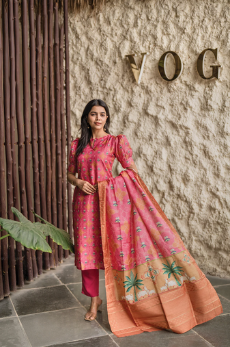 pink french crepe printed kurta pant set - silk blend dupatta salwar suit