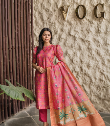 pink french crepe printed kurta pant set - silk blend dupatta salwar suit