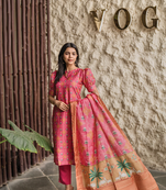 pink french crepe printed kurta pant set - silk blend dupatta salwar suit