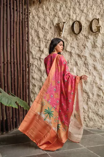 pink french crepe printed kurta pant set - silk blend dupatta salwar suit