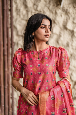 pink french crepe printed kurta pant set - silk blend dupatta salwar suit 3
