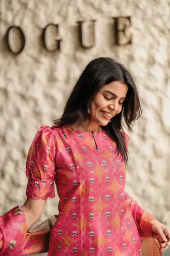 pink french crepe printed kurta pant set - silk blend dupatta salwar suit