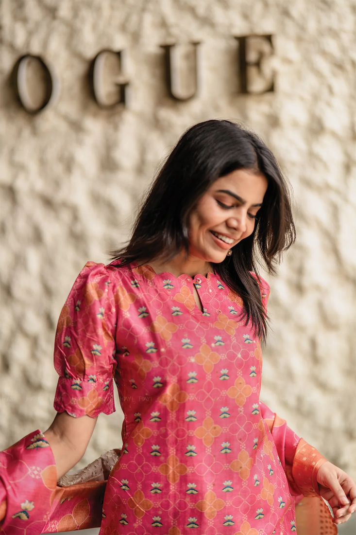 pink french crepe printed kurta pant set - silk blend dupatta salwar suit