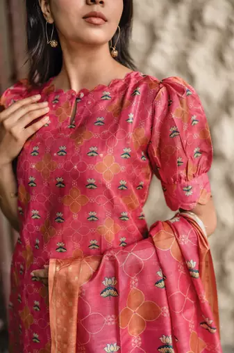 pink french crepe printed kurta pant set - silk blend dupatta salwar suit