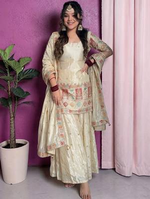 cream chinon silk blend kurta pant set - sequin embroidered salwar suit 1