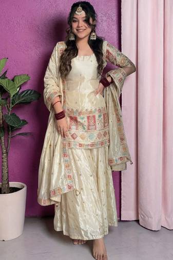 cream chinon silk blend kurta pant set - sequin embroidered salwar suit