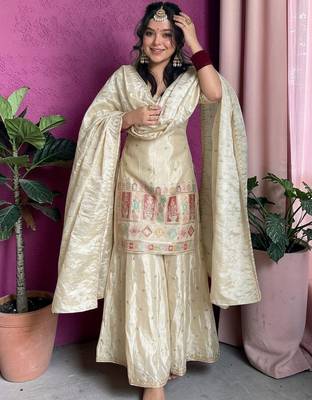 cream chinon silk blend kurta pant set - sequin embroidered salwar suit 2