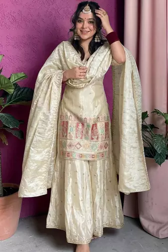 cream chinon silk blend kurta pant set - sequin embroidered salwar suit