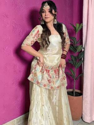 cream chinon silk blend kurta pant set - sequin embroidered salwar suit 3