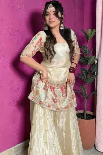cream chinon silk blend kurta pant set - sequin embroidered salwar suit