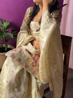 cream chinon silk blend kurta pant set - sequin embroidered salwar suit 4
