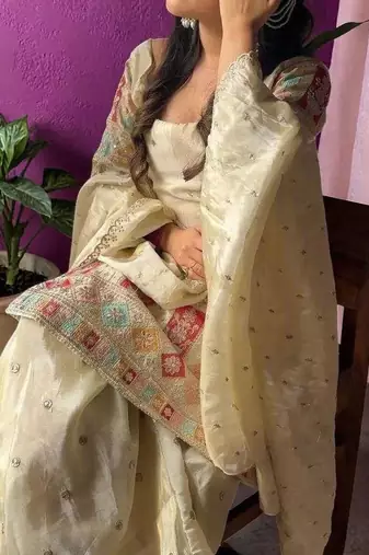 cream chinon silk blend kurta pant set - sequin embroidered salwar suit