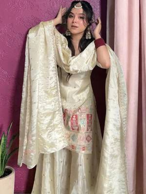 cream chinon silk blend kurta pant set - sequin embroidered salwar suit 5