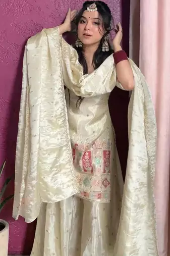 cream chinon silk blend kurta pant set - sequin embroidered salwar suit