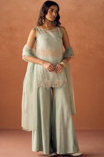 pista crush silk blend kurta palazzo set - embroidered organza dupatta suit
