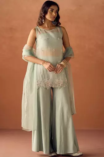 pista crush silk blend kurta palazzo set - embroidered organza dupatta suit