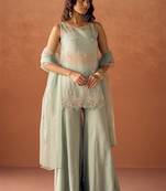 pista crush silk blend kurta palazzo set - embroidered organza dupatta suit